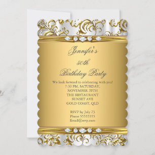 Invitación Cumpleaños Elegante Damasco de Oro Blanco con Diam