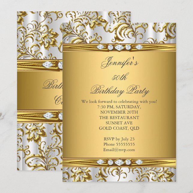 Invitación Cumpleaños Elegante Damasco Dorado Blanco Plata Di (Anverso / Reverso)