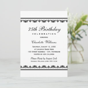 Invitación Cumpleaños elegante damasco negro y blanco