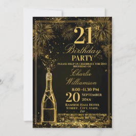 Invitación Cumpleaños elegante de 21 años Botella dorada de F