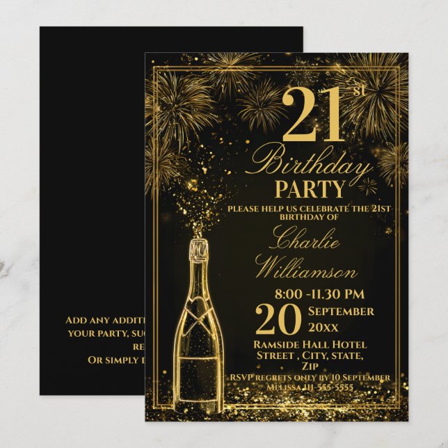 Invitación Cumpleaños elegante de 21 años Botella dorada de F (Anverso / Reverso)