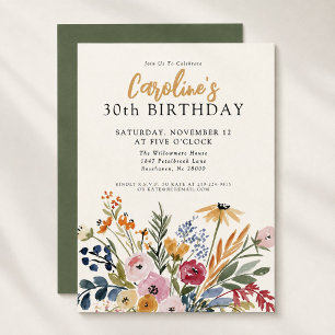 Invitación Cumpleaños elegante de 30 años con flores acuarela