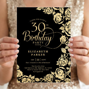 Invitación Cumpleaños elegante de 30 años con rosas negras y 