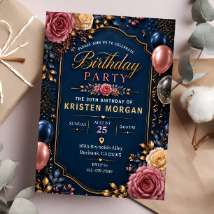 Invitación Cumpleaños elegante de 30 años en azul marino y do