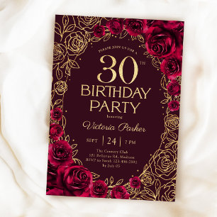 Invitación Cumpleaños elegante de 30 años en burgundy y oro f