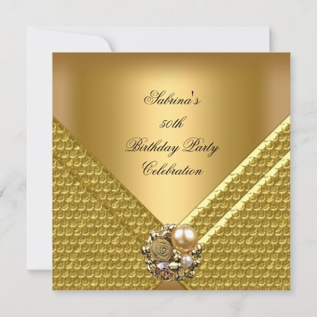 Invitación Cumpleaños Elegante de 50 Años Fiesta Joyas Dorada (Anverso)