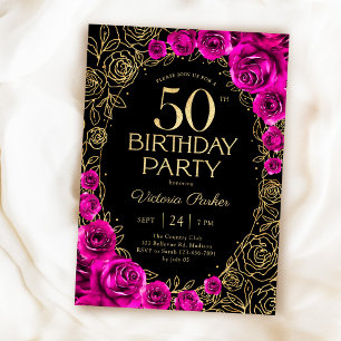 Invitación Cumpleaños elegante de 50 años rosa fucsia negro y
