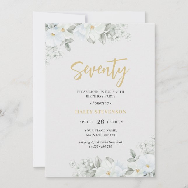 Invitación Cumpleaños elegante de 70 White & Gold Floral (Anverso)