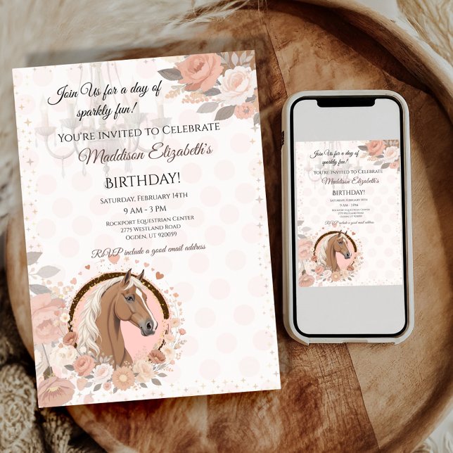 Invitación Cumpleaños elegante de caballo  (Celebrate in style with this charming birthday invitation featuring a beautiful horse design. 
)