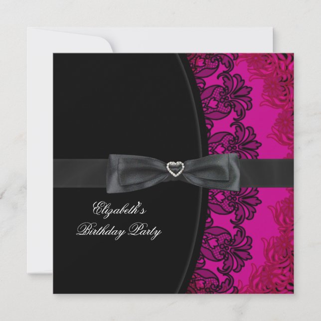 Invitación Cumpleaños elegante de encaje negro rosa caliente (Anverso)