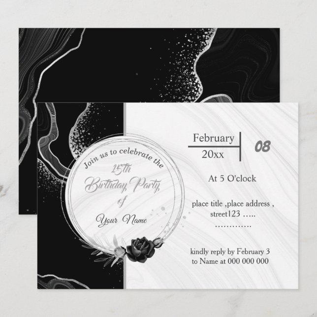Invitación cumpleaños elegante de flores grises y negras de p (Anverso / Reverso)