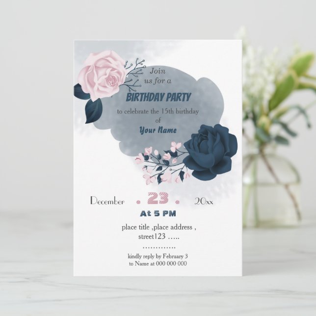Invitación cumpleaños elegante de flores marinas y blancas (Anverso de pie)