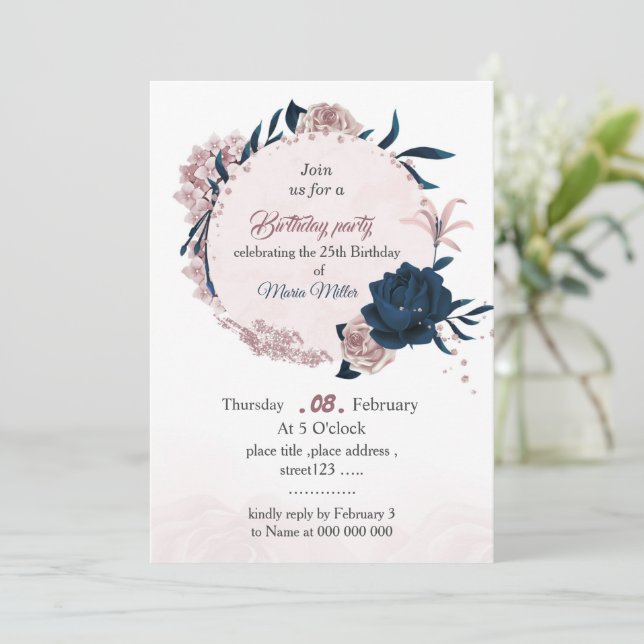 Invitación cumpleaños elegante de flores marinas y rosas (Anverso de pie)