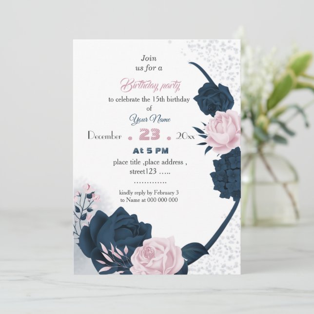 Invitación cumpleaños elegante de flores marinas y rosas (Anverso de pie)