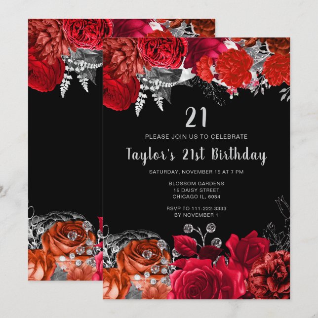 Invitación Cumpleaños elegante de flores rojas y plateadas (Anverso / Reverso)