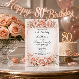 Invitación Cumpleaños elegante de la 80ª etapa con rosa sonro