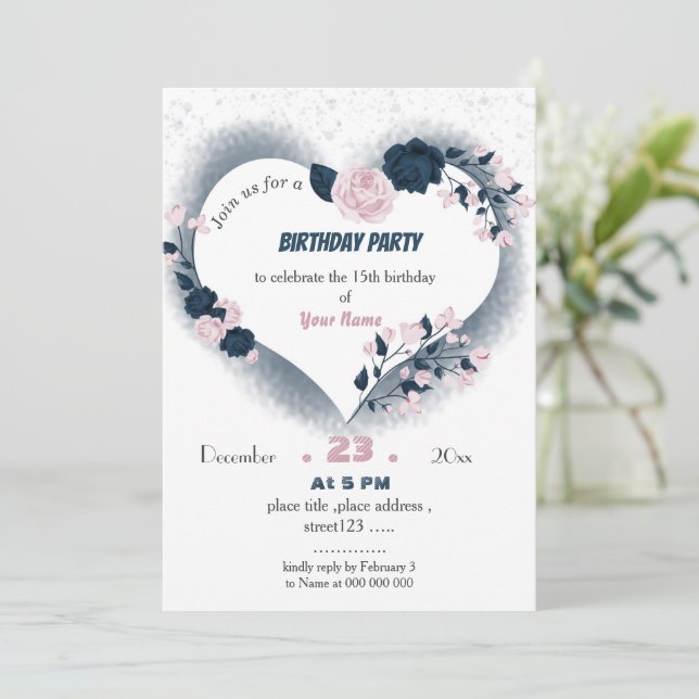 Invitación cumpleaños elegante de la marina y el corazón flor (Anverso de pie)