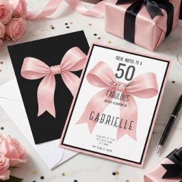 Invitación Cumpleaños elegante de lazo rosa y fabuloso 50