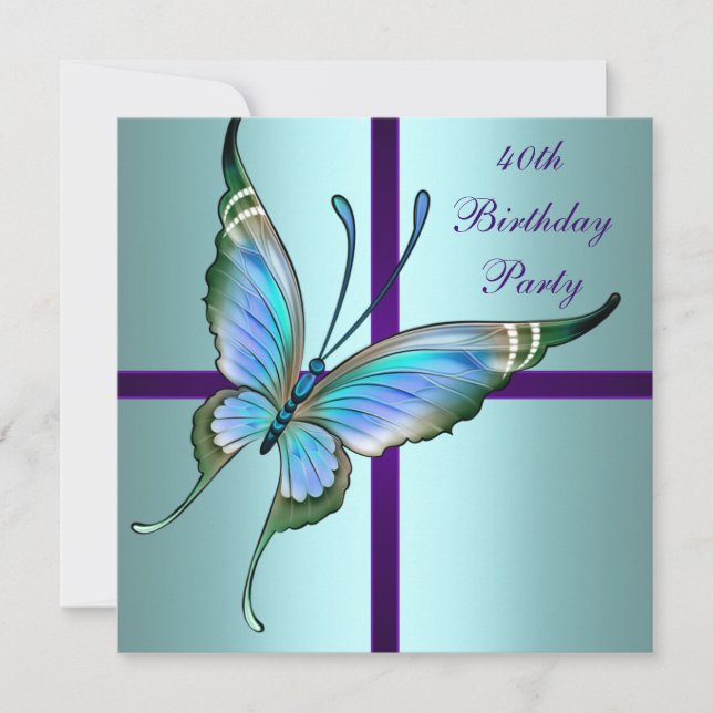 Invitación Cumpleaños elegante de mariposa púrpura y teal de  (Anverso)