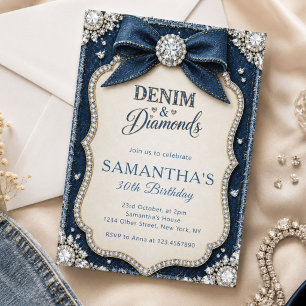 Invitación Cumpleaños Elegante de Mezclilla Azul y Diamantes