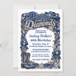 Invitación Cumpleaños elegante de mezclilla y diamantes