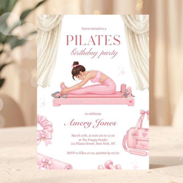 Invitación Cumpleaños Elegante de Pilates Preppy (Pilates birthday invitation, fitness party invite, pink workout party invitation, preppy birthday in)