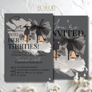 Invitación Cumpleaños Elegante de Tacones Negros y Cinta Trei