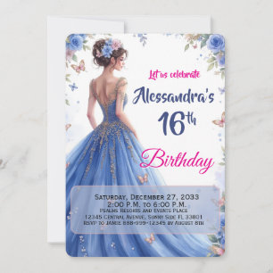 Invitación Cumpleaños elegante de vestido azul floral editabl
