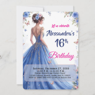 Invitación Cumpleaños elegante de vestido azul floral editabl