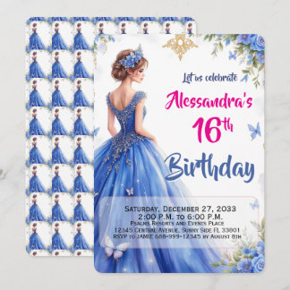 Invitación Cumpleaños elegante de vestido azul floral moderno
