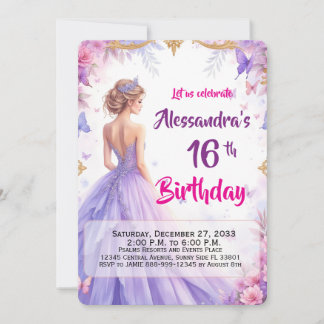 Invitación Cumpleaños elegante de vestido floral púrpura come