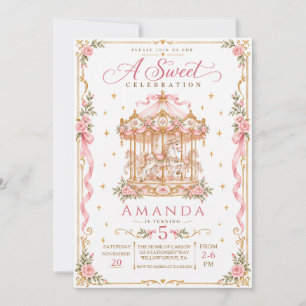 Invitación Cumpleaños elegante del carrusel floral de oro ros