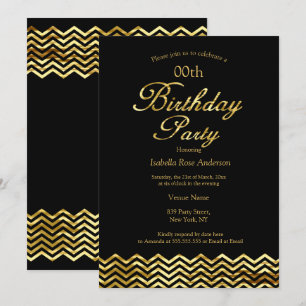 Invitación Cumpleaños elegante dorado brillo Chevron raya neg