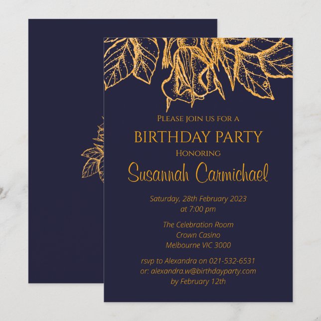 Invitación Cumpleaños elegante dorado y azul medianoche (Anverso / Reverso)