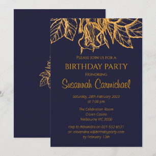 Invitación Cumpleaños elegante dorado y azul medianoche