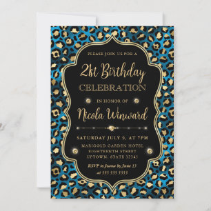 Invitación Cumpleaños Elegante Estampado Leopardo Azul Dorado