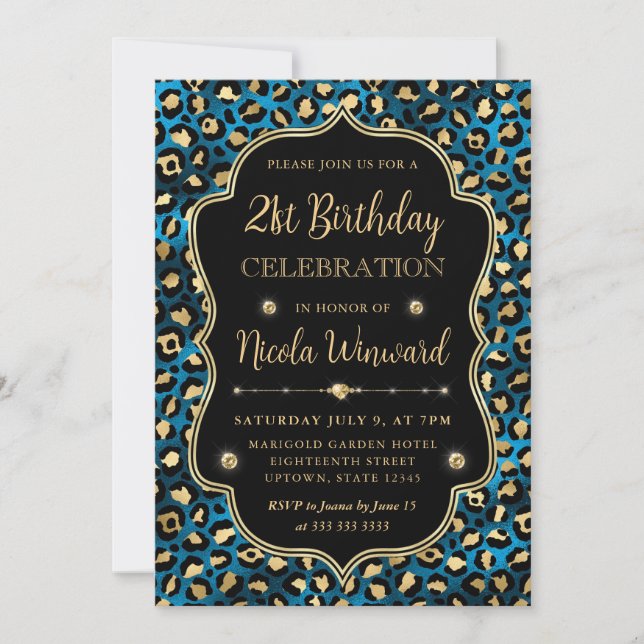 Invitación Cumpleaños Elegante Estampado Leopardo Azul Dorado (Anverso)