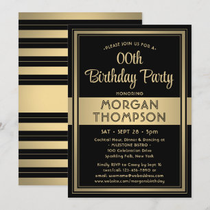 Invitación Cumpleaños elegante fiesta formal de negro y dorad