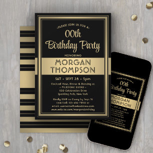 Invitación Cumpleaños elegante fiesta formal de negro y dorad