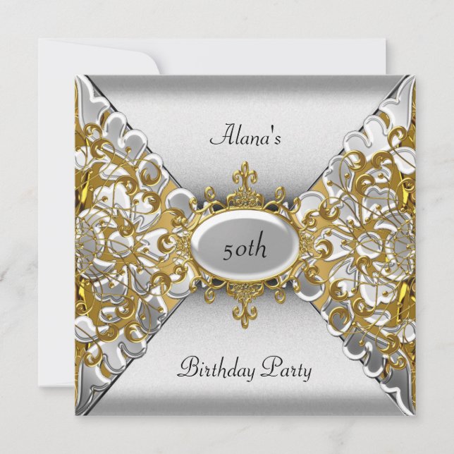 Invitación Cumpleaños Elegante Fiesta Plata Dorado 50 (Anverso)