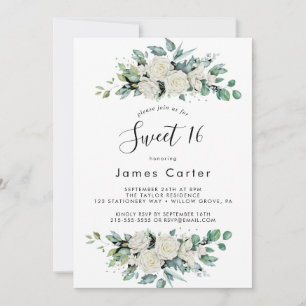 Invitación Cumpleaños Elegante Floral Blanco Sweet Sixteen 