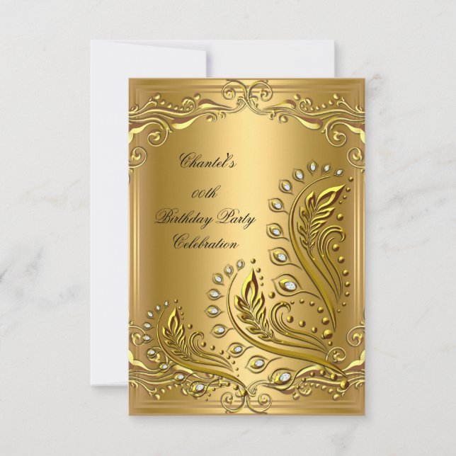 Invitación Cumpleaños elegante floral de oro para cualquier e (Anverso)