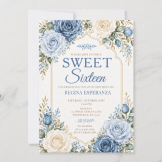 Invitación Cumpleaños Elegante Floral Rosa Azul Sweet Sixteen