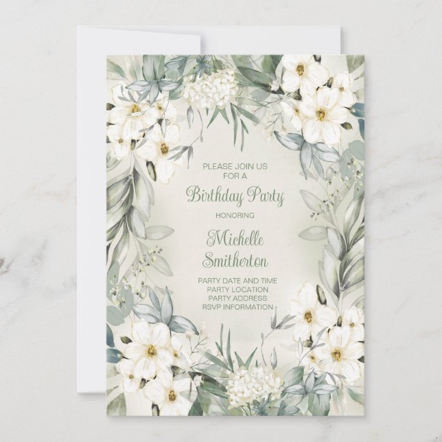 Invitación Cumpleaños Elegante Flores Blancas Hojas Verde Sal (Anverso)