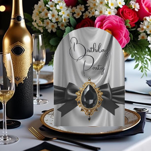 Invitación Cumpleaños Elegante Gris Dorado Negro Lazo de Joya