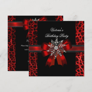 Invitación Cumpleaños Elegante Joya de Lazo Negro Rojo