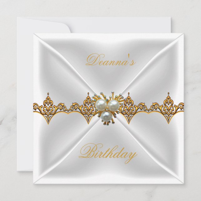 Invitación Cumpleaños Elegante Joya Dorada Seda Blanca (Anverso)