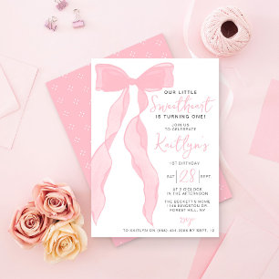 Invitación Cumpleaños Elegante Lazo Rosa Corazón Dulce