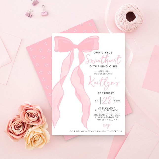 Invitación Cumpleaños Elegante Lazo Rosa Corazón Dulce (Subido por el creador)