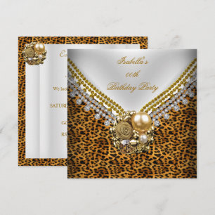 Invitación Cumpleaños Elegante Leopardo Dorado Negro Blanco F